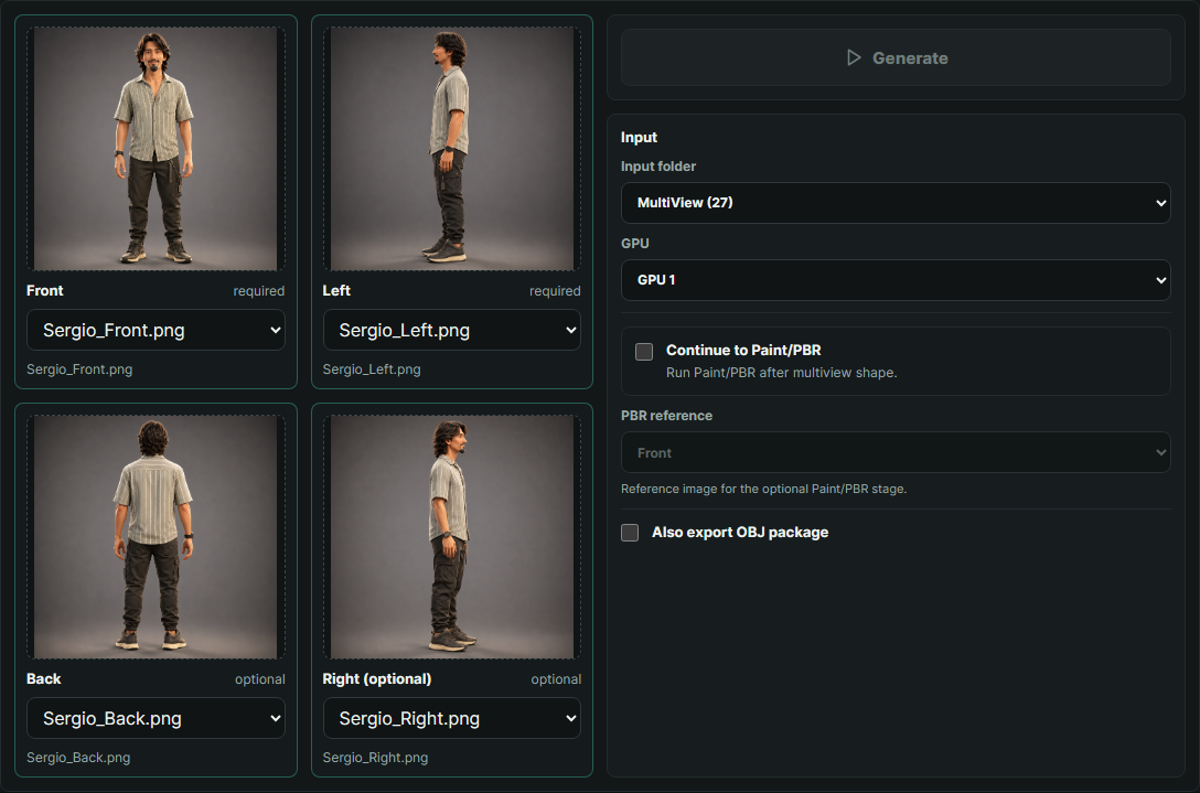 Front, side and back references prepared for a multiview people test.