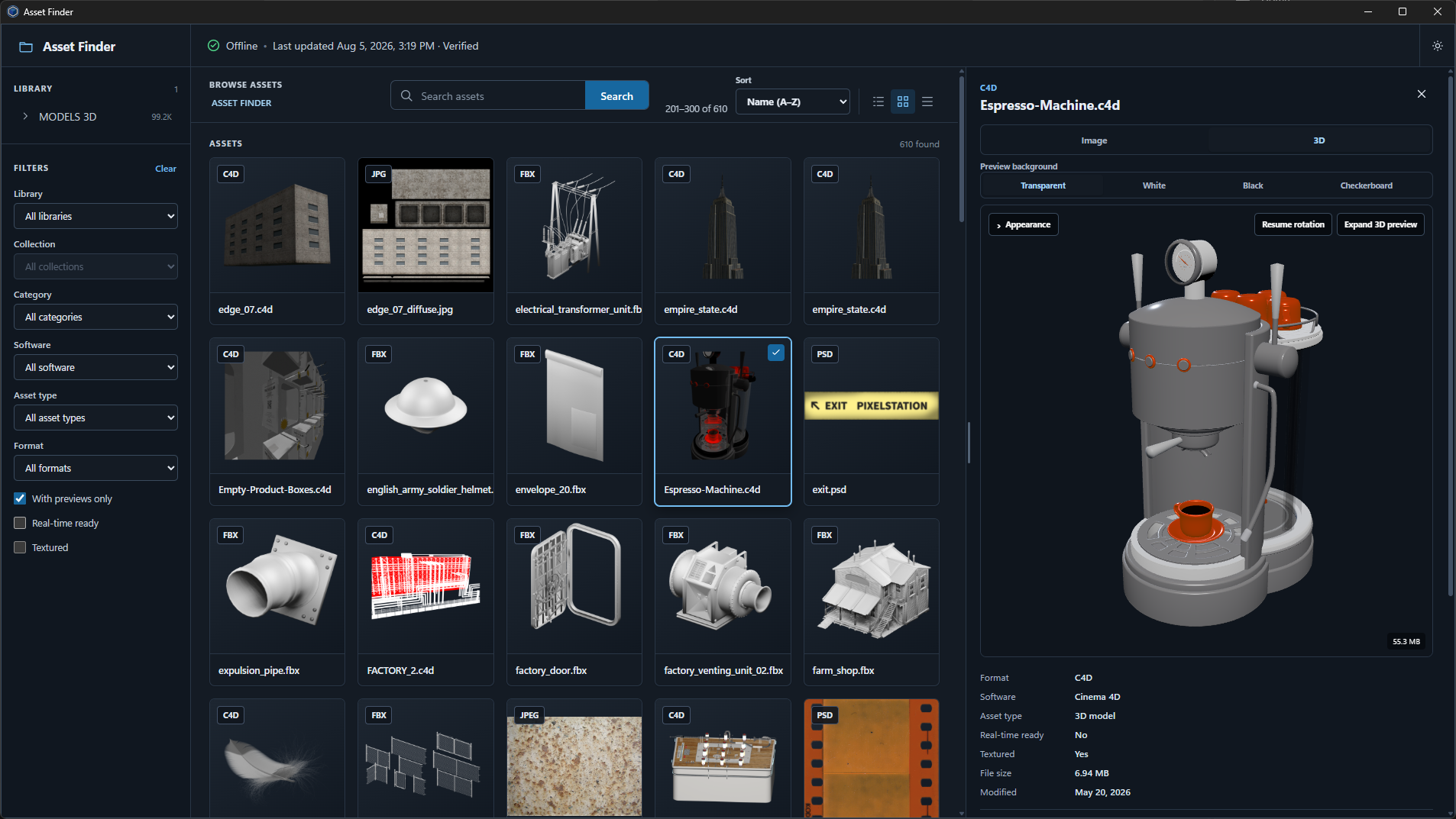 Finder showing a selected espresso machine and its existing 3D preview.