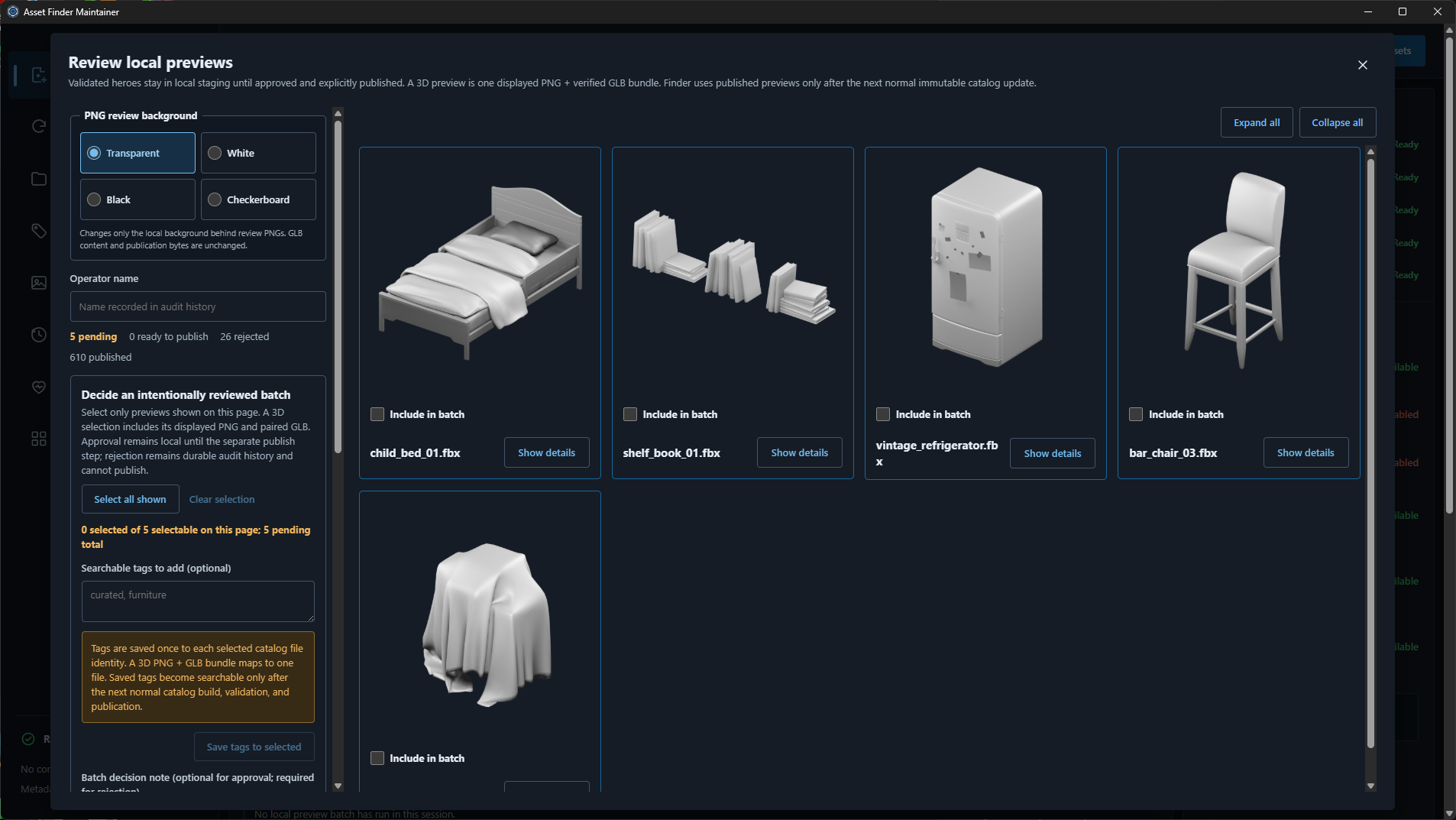 Maintainer review dialog showing five pending previews, with furniture and object cards and selection controls.