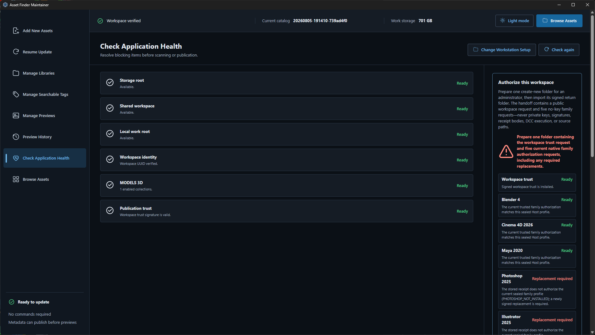 Maintainer health view with workspace checks ready, Maya, Cinema and Blender routes ready, and Photoshop and Illustrator replacement requirements.