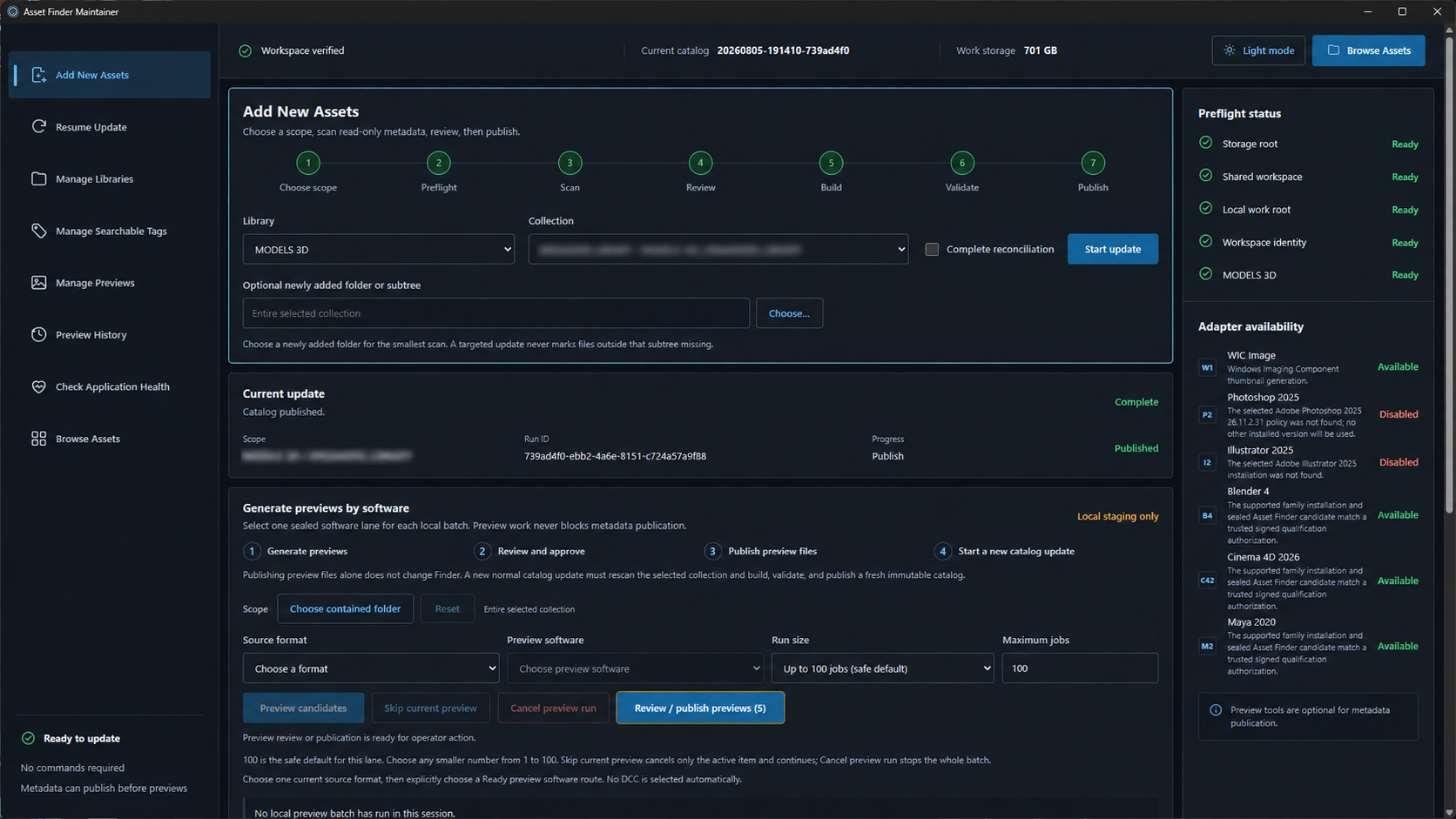 Maintainer Add New Assets view with catalog steps, preview controls and software availability.