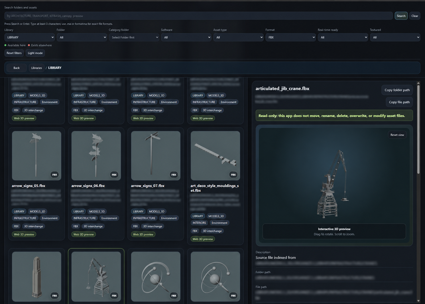 V1 catalog filtered to FBX, with an articulated crane selected, a 3D preview and file-location controls.