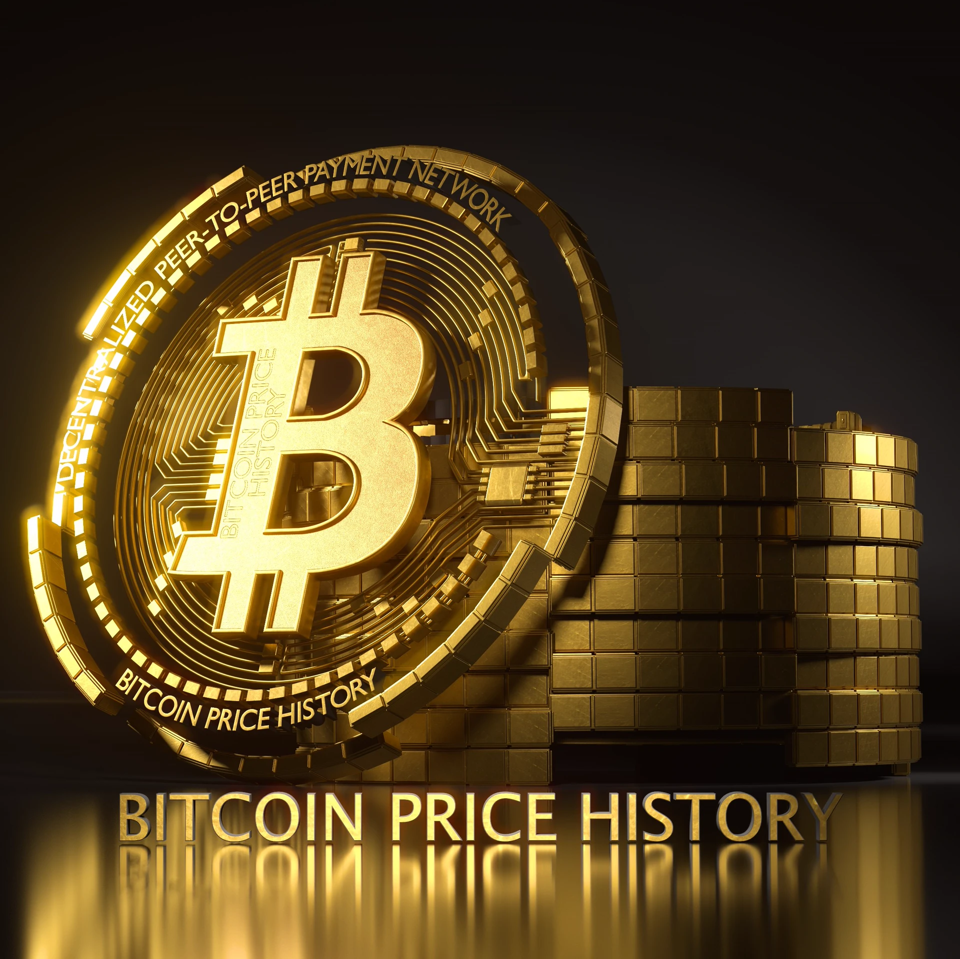 Gold-colored Bitcoin token beside stacked coins, with Bitcoin Price History lettering below.