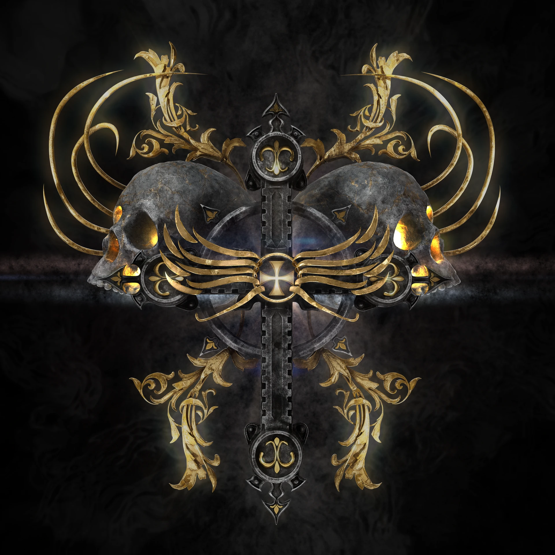 Symmetrical skull composition with curling gold-colored ornament, wing-like ribs and a central vertical motif on a dark background.