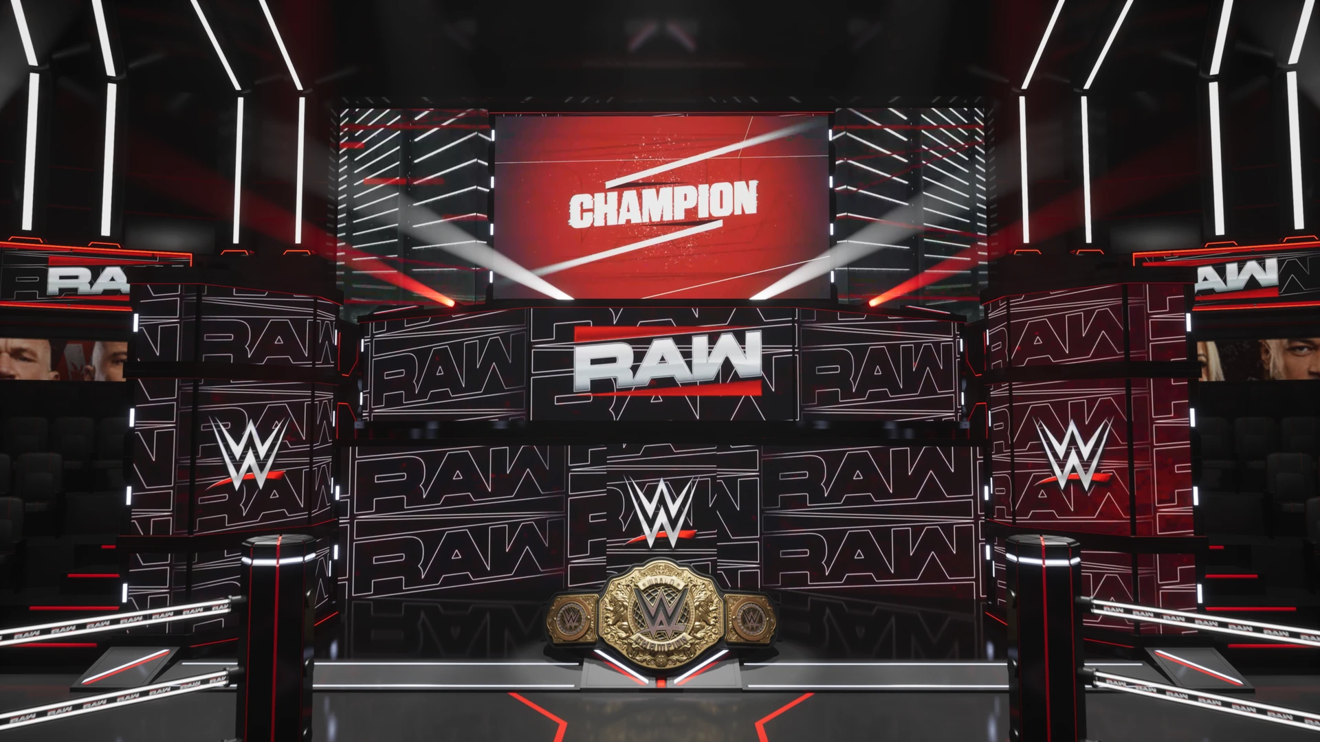 Championship display integrated with the surrounding screens. 3D championship asset by the WWE Virtual Graphics team.