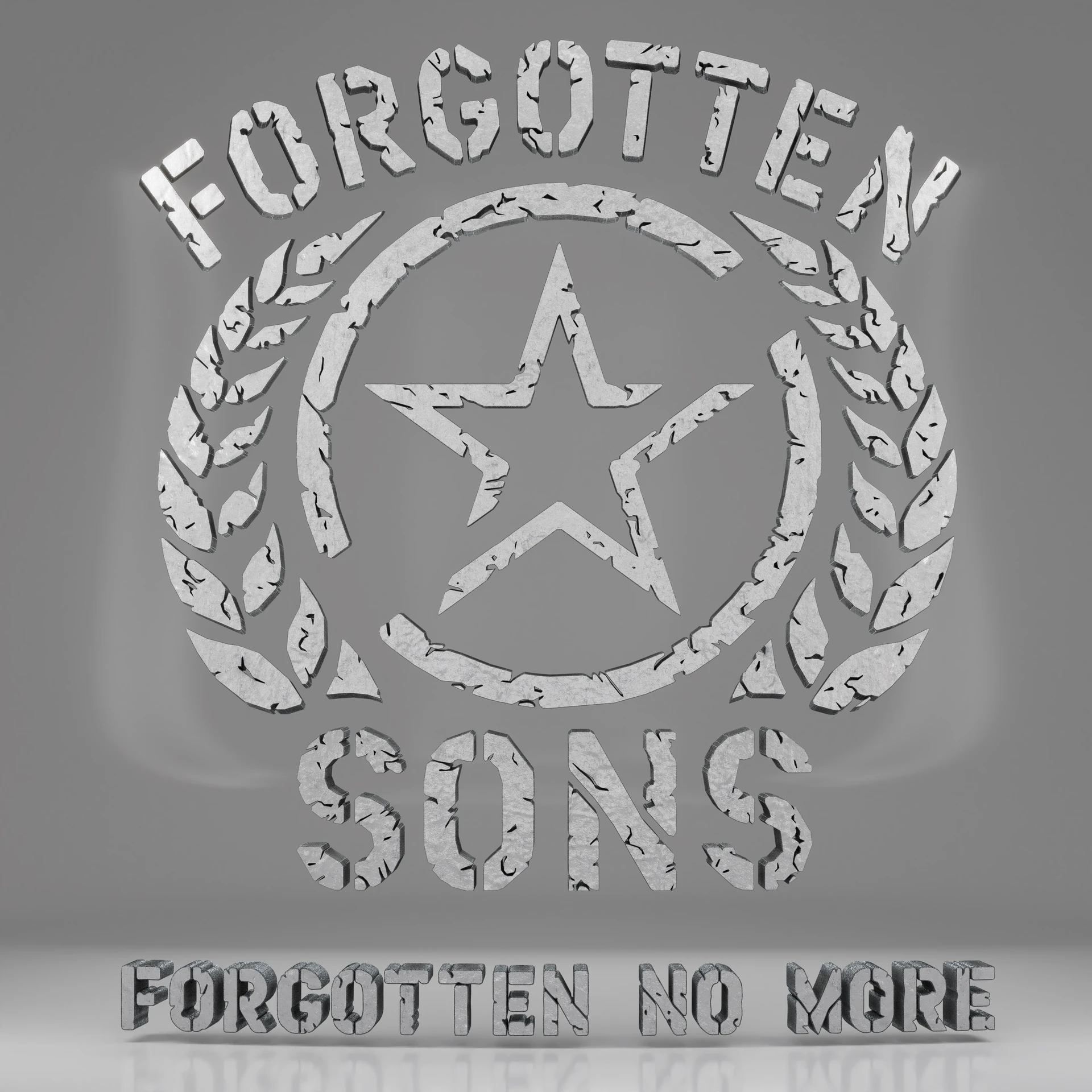 Silver-colored Forgotten Sons emblem with a star, surrounding wreath and Forgotten No More lettering.