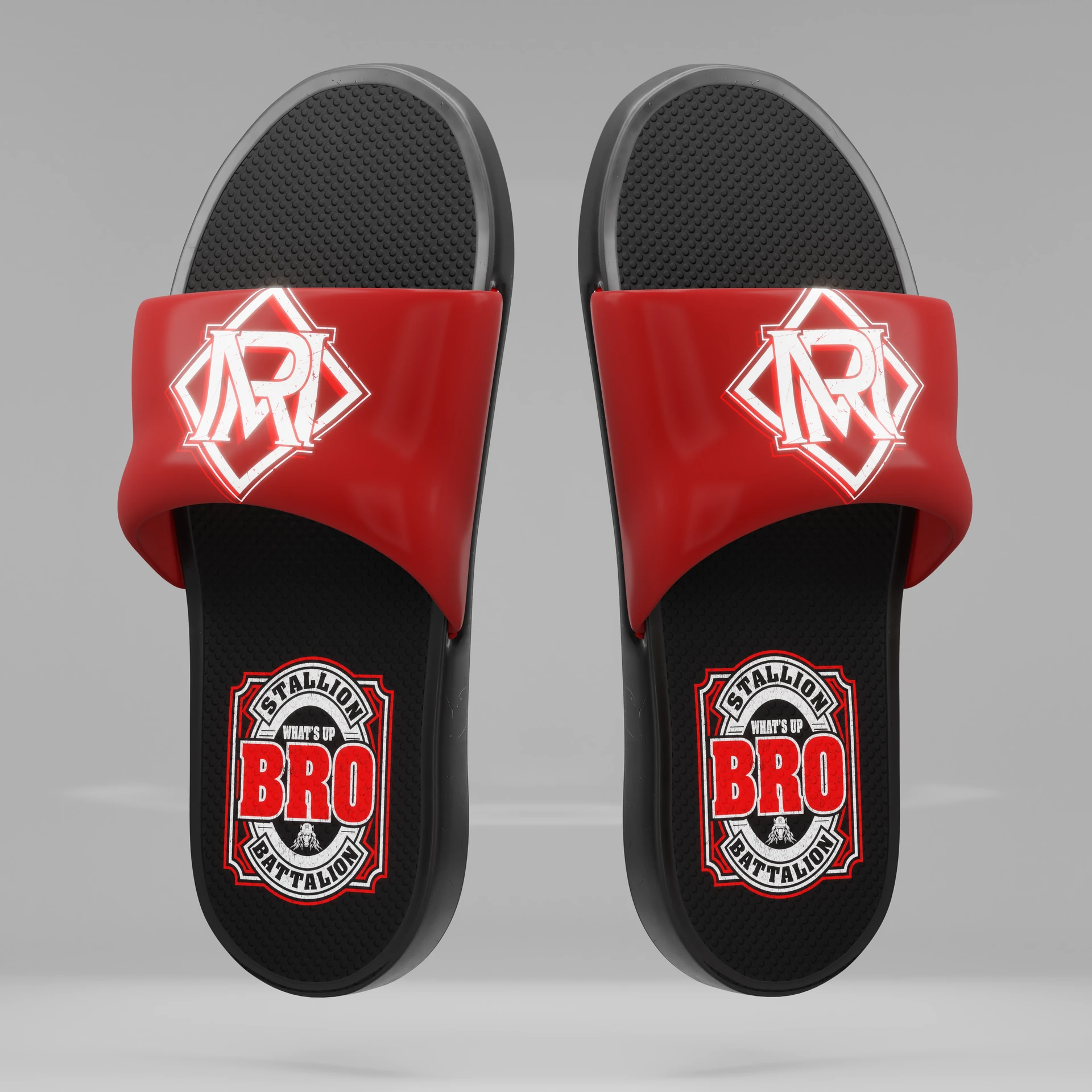 Pair of black flip-flops with red straps, white monogram logos and BRO patches on the footbeds.
