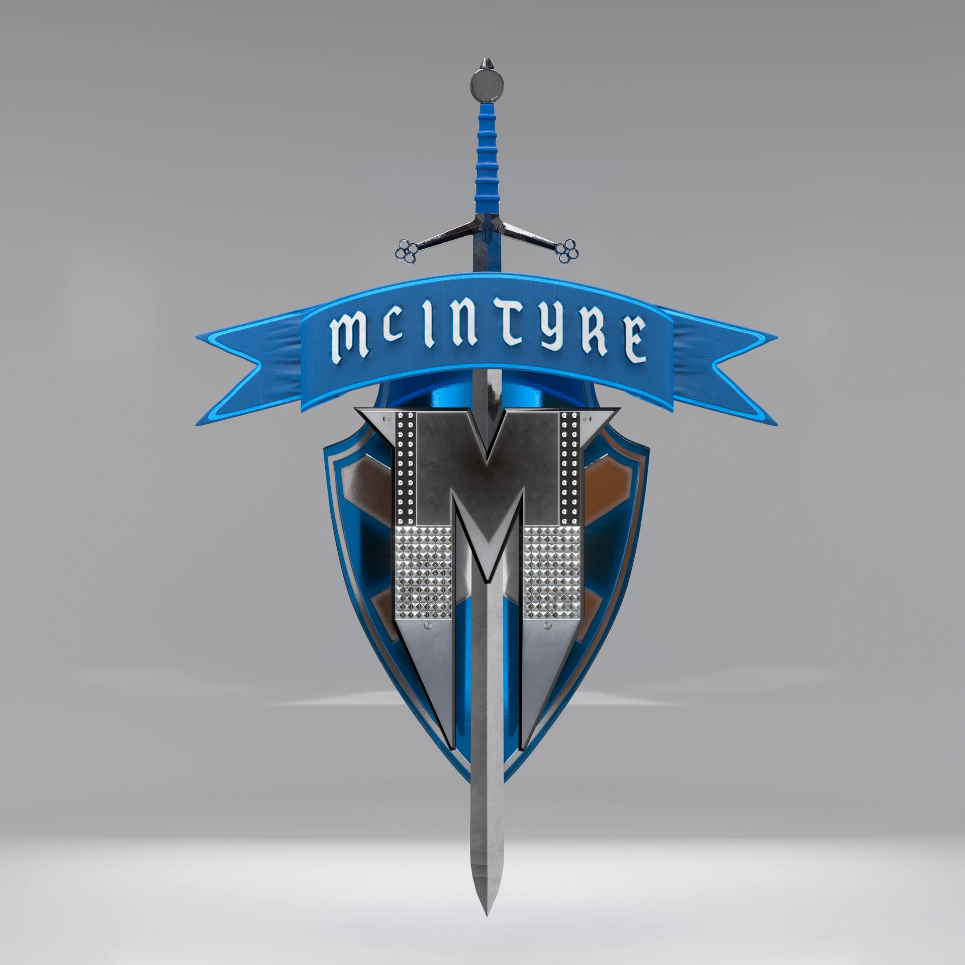 Blue-and-silver McIntyre shield and banner arranged around a vertical sword.