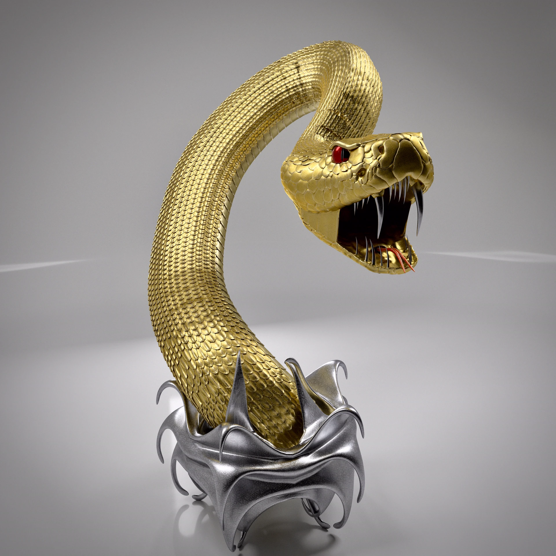 Gold-colored snake with open jaws rising from a silver-colored sculpted base.