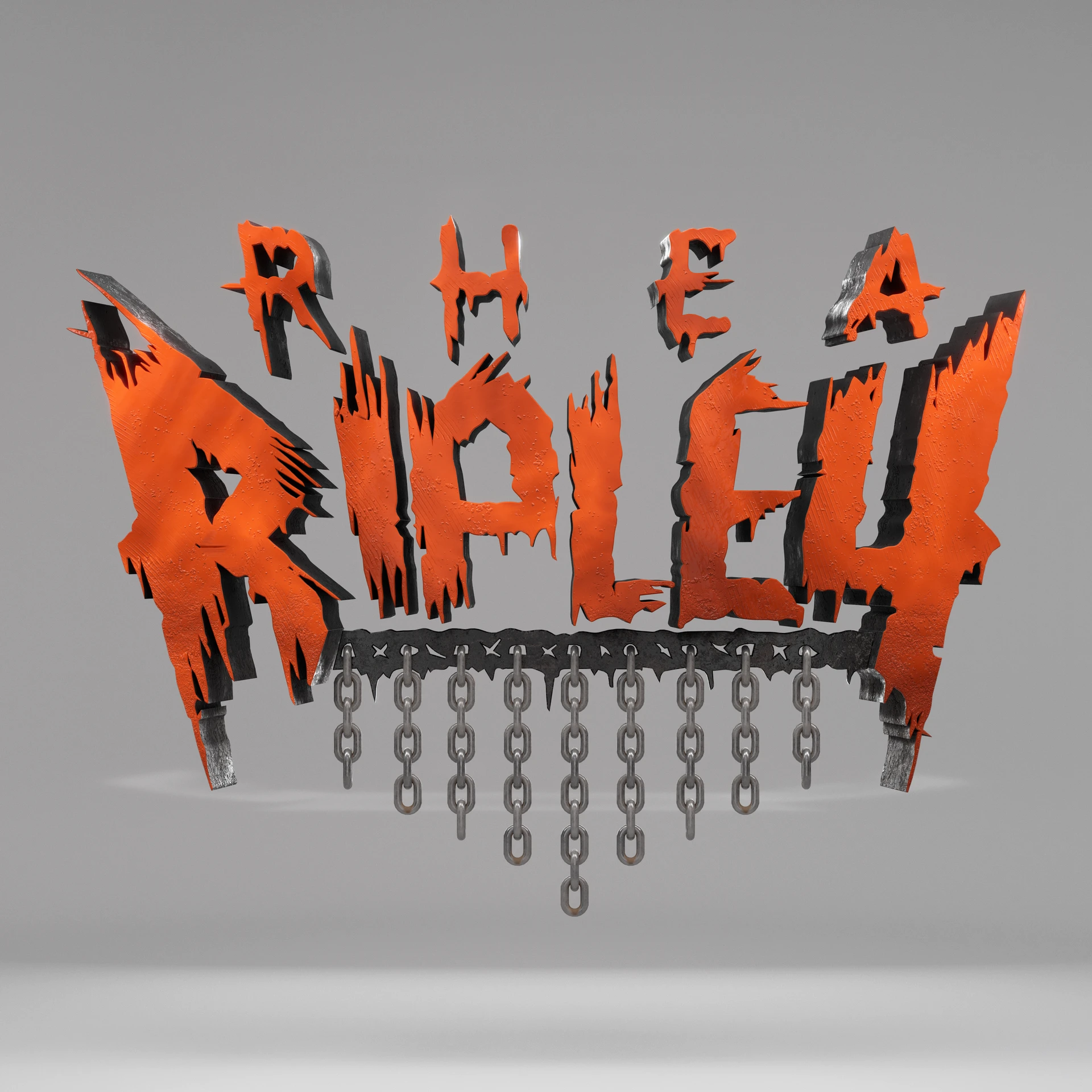 Orange-and-black Rhea Ripley lettering with hanging chains against a gray background.