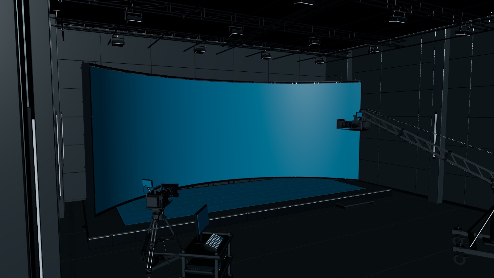 XR / Volume development in Maya, showing the curved backdrop and production equipment.