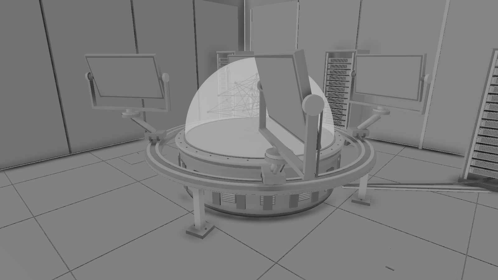 AI Lab development in Maya, showing the central enclosure and screen supports.