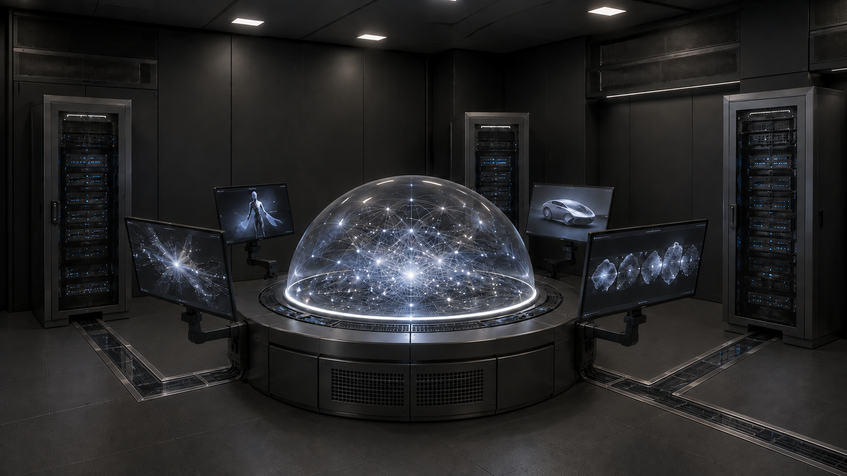 AI Lab concept: a connected central installation inspired by a brain.