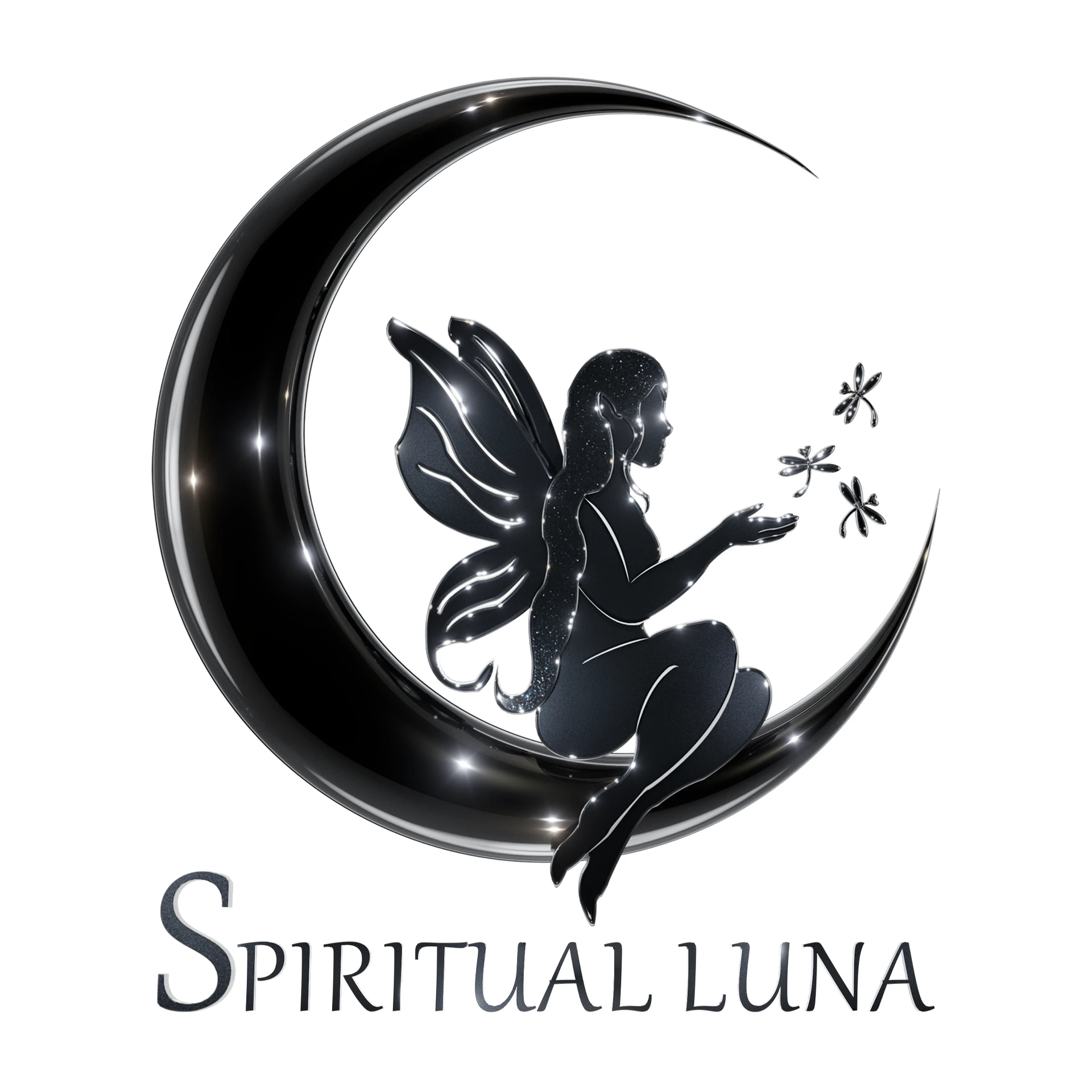 Black crescent moon with a seated winged figure and small flying insects above the Spiritual Luna name.