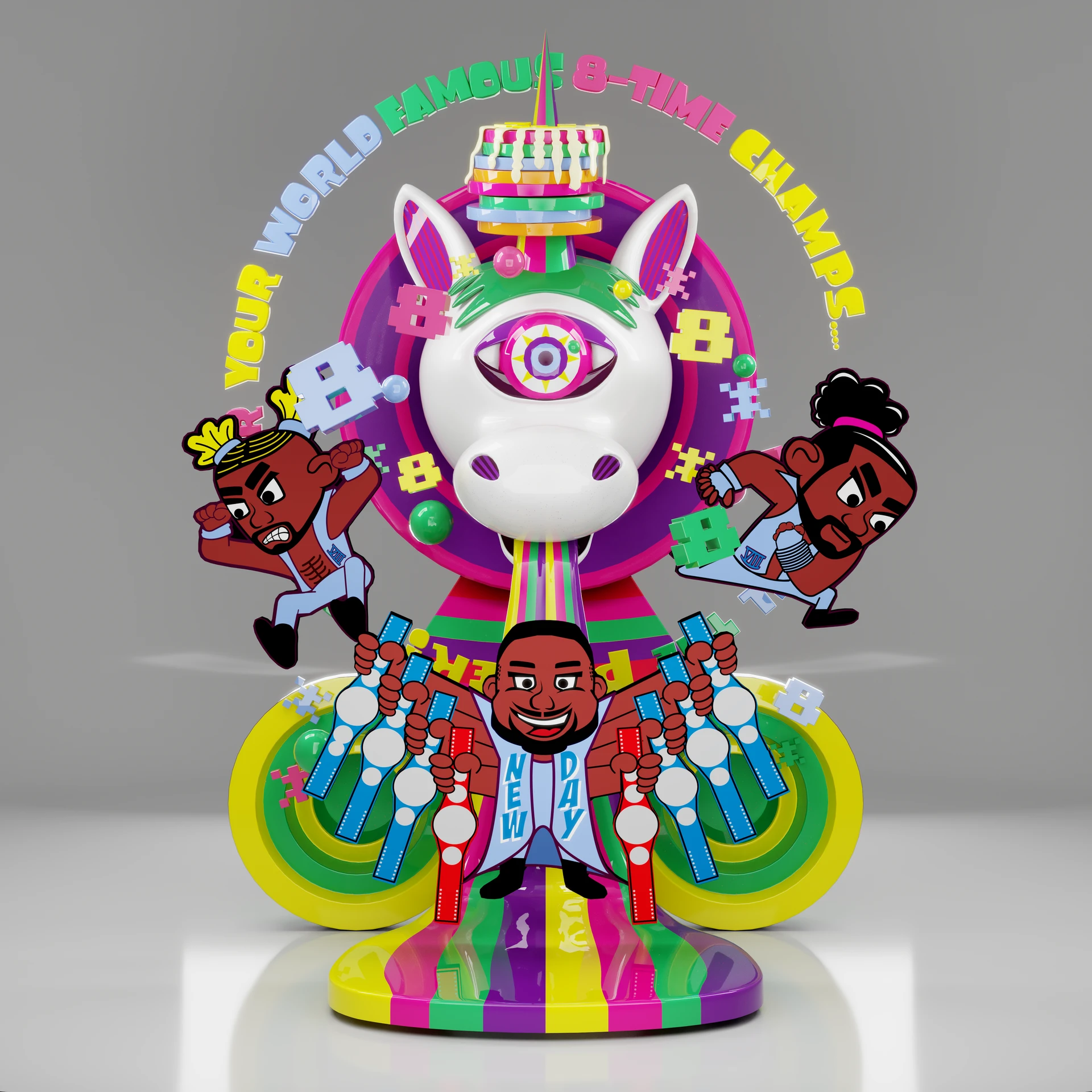 Colorful New Day emblem with cartoon figures, a central one-eyed creature and World Famous 8-Time Champs lettering.