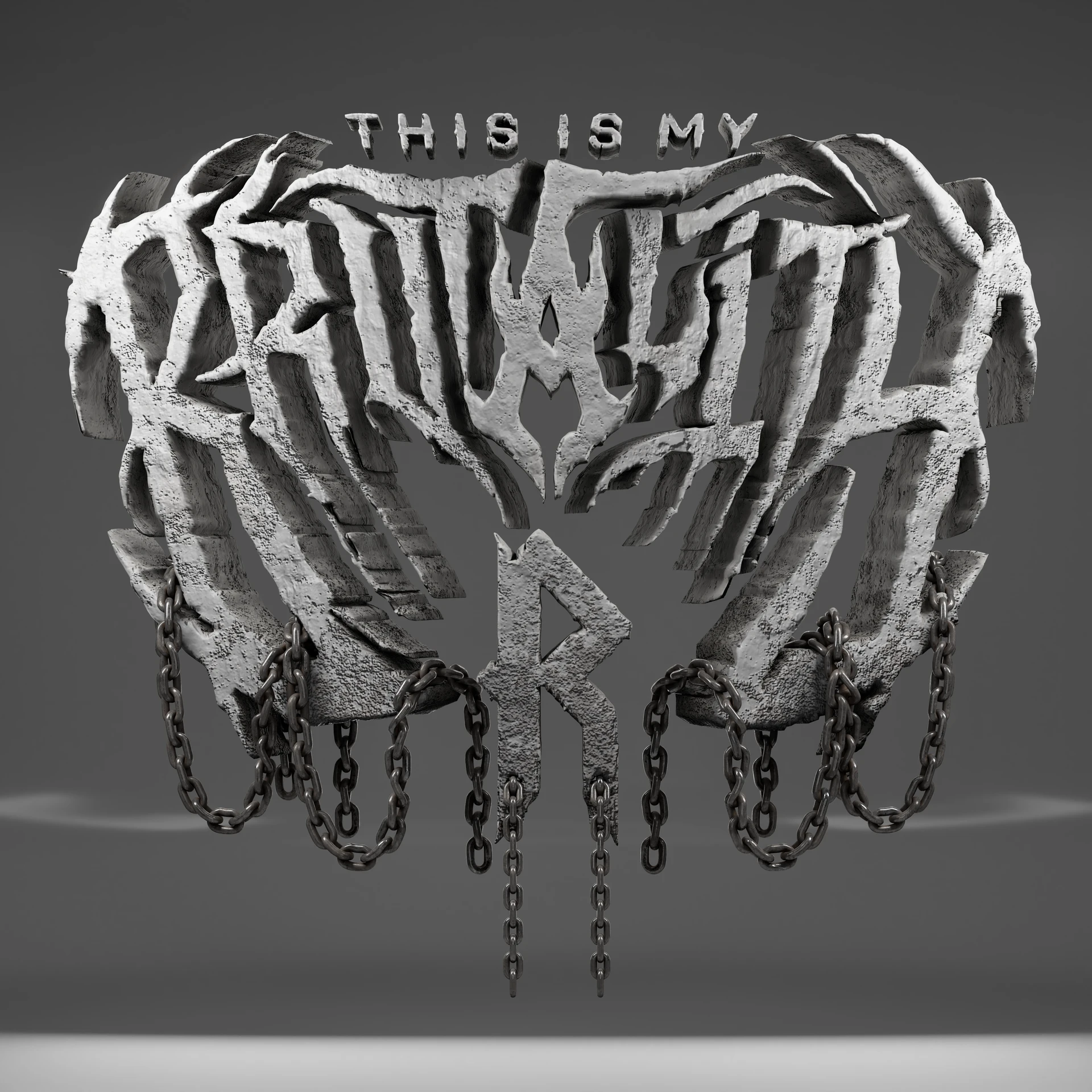 Gray This Is My Brutality emblem framed by rib-like forms and hanging chains.