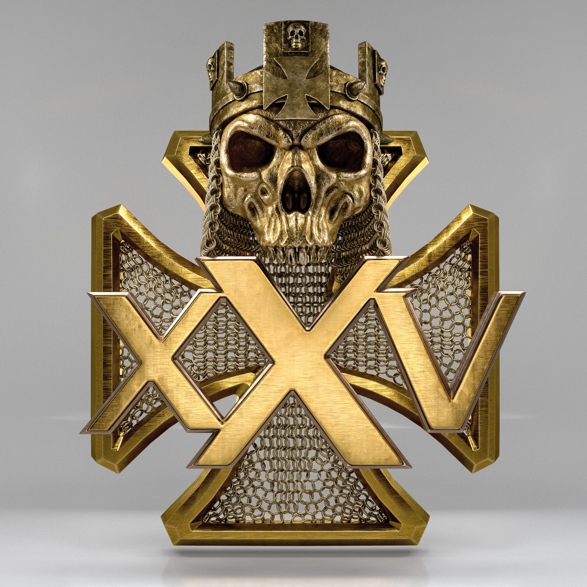 Gold-colored crowned skull above large XXV lettering on a textured anniversary emblem.