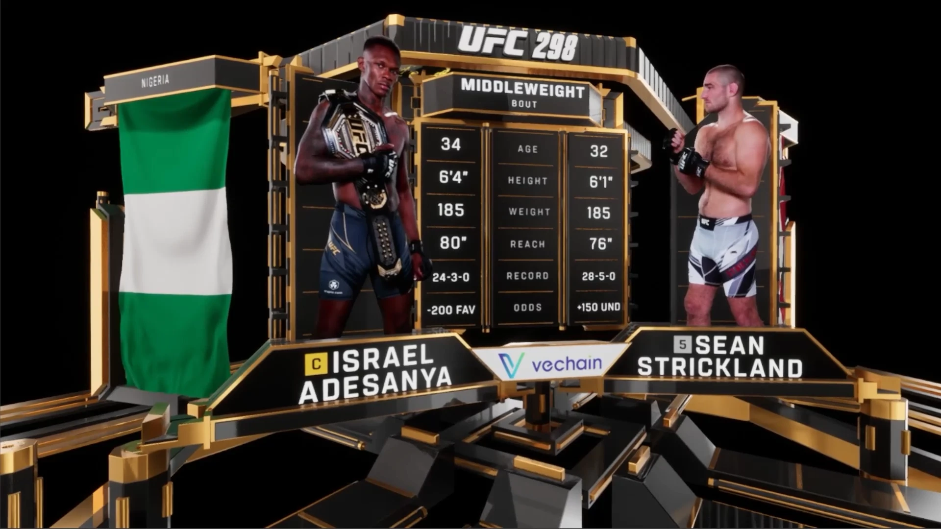 An angled view showing the depth of the fighter panels, flags and central statistics display.