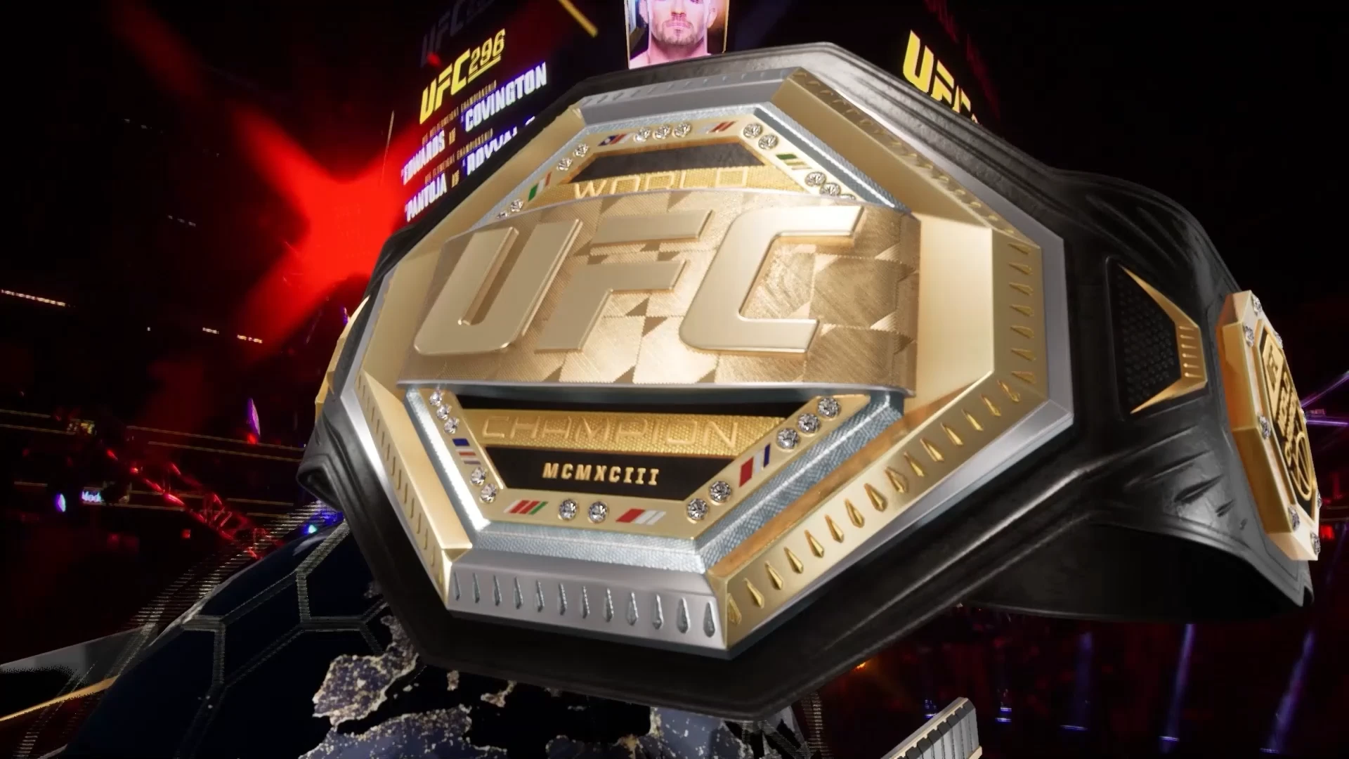 The championship belt in the tracked presentation. 3D belt asset by the WWE Virtual Graphics team.