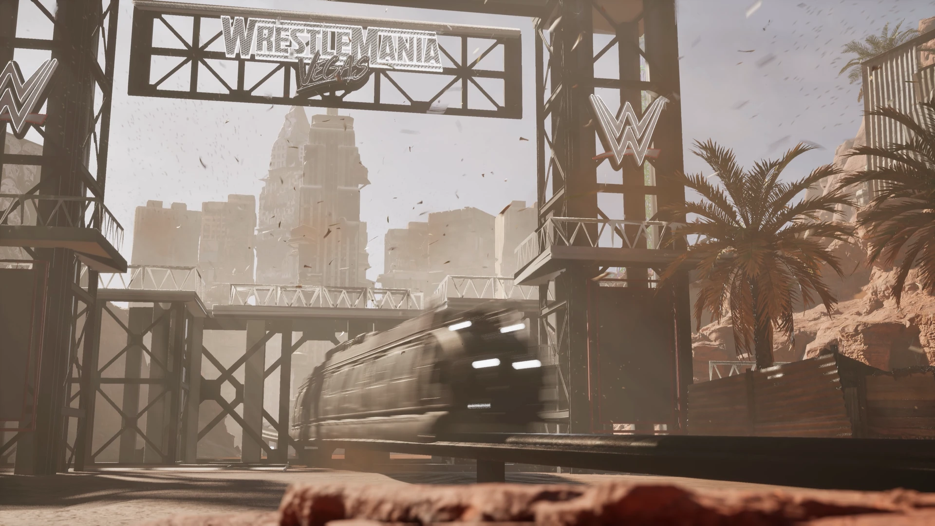 The monorail moving through the assembled environment. I built its Blueprint behavior using a team-created model.