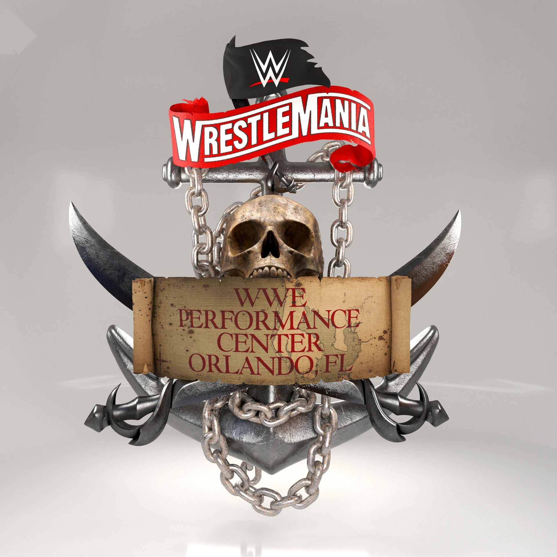 Pirate-themed WrestleMania locator with skull, crossed blades, chains and a WWE Performance Center Orlando FL sign.