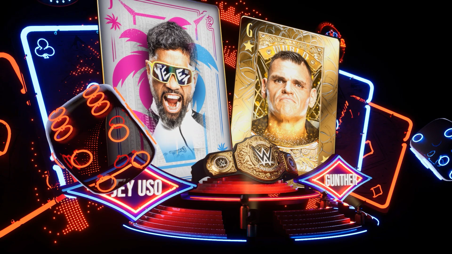 An angled view showing the depth between the cards, dice and championship display.